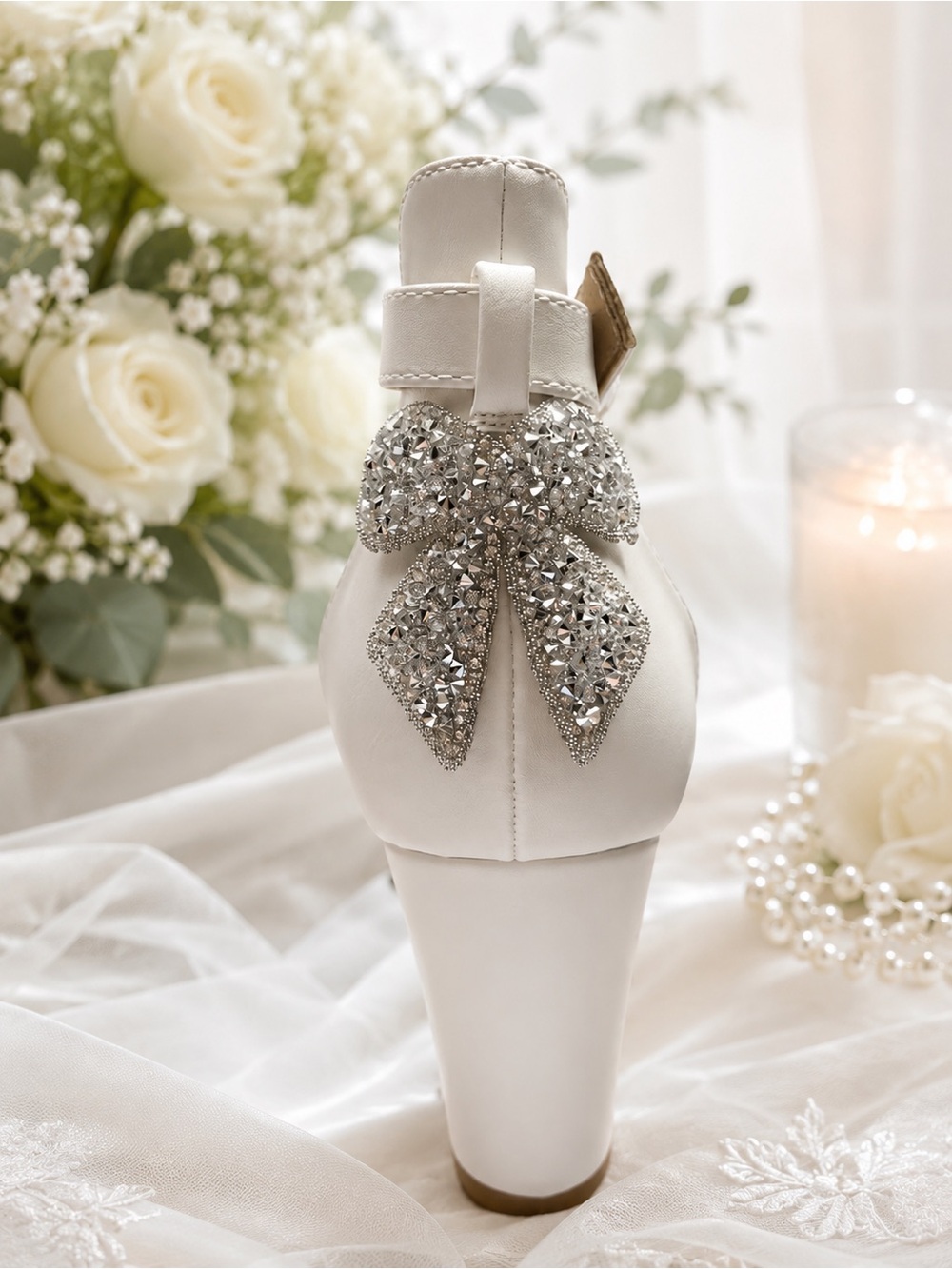 Luxury White Bridal 3” Block Heels Rhinestone Bow Wedding Shoes
